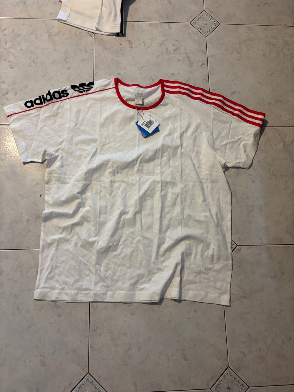 adidas White Short-Sleeve Tee with Red Shoulder Stripes